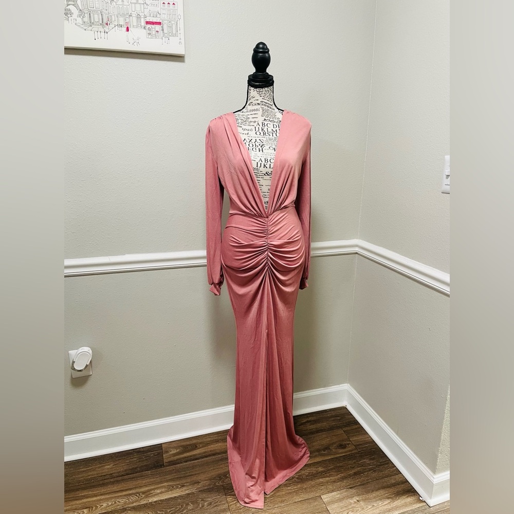 Cameo Long Sleeve Pink Ruched Maxi Dress
